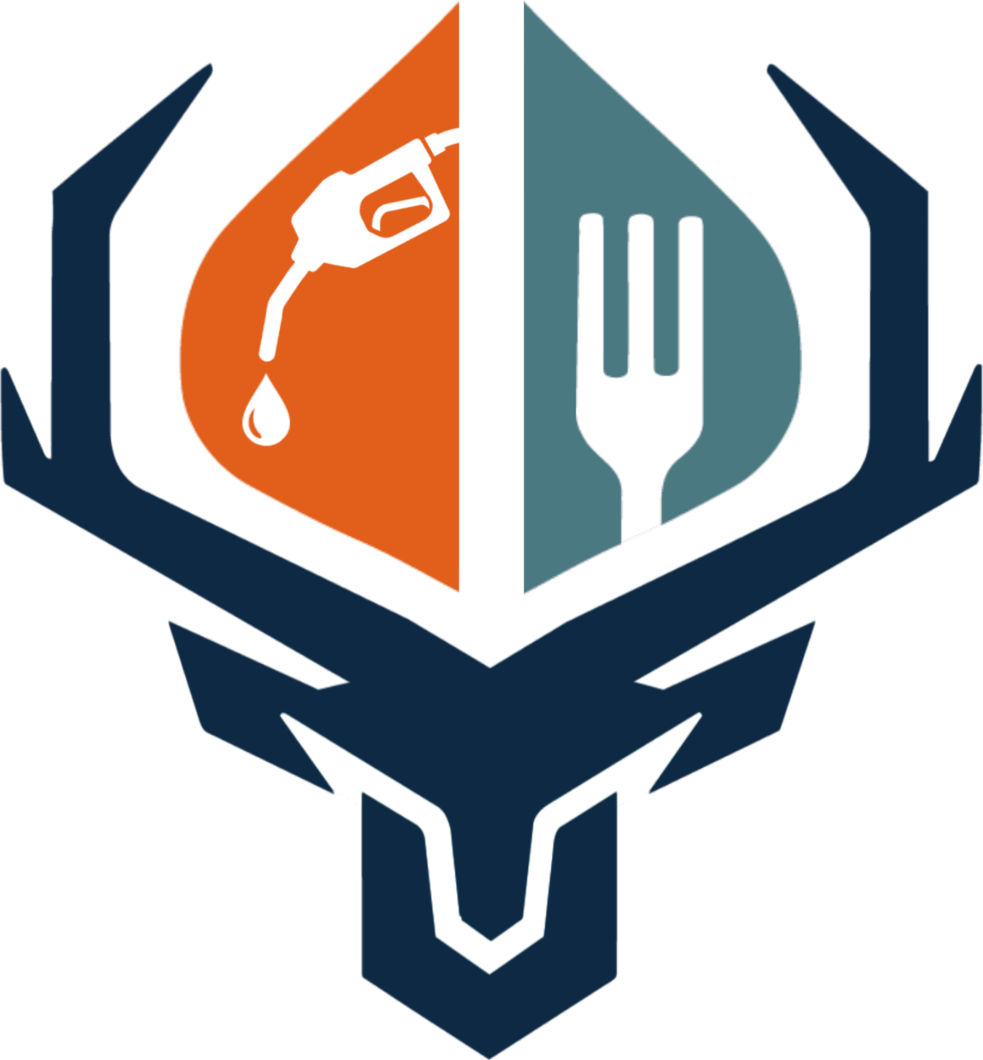 Nading's emblem: a stag's head framed by antlers around a split shield, a fuel nozzle on the orange half, a fork on the teal half