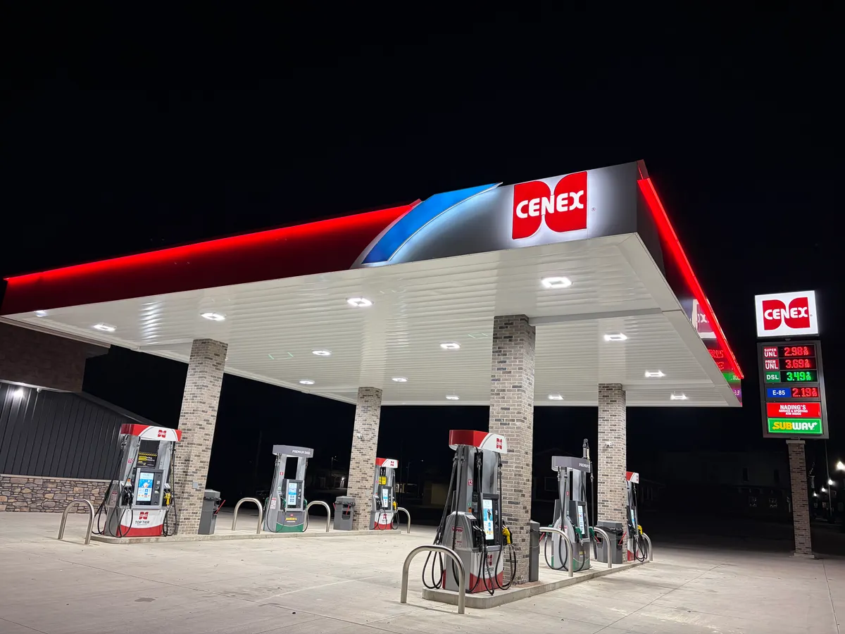 Nading's fuel pumps lit up at night
